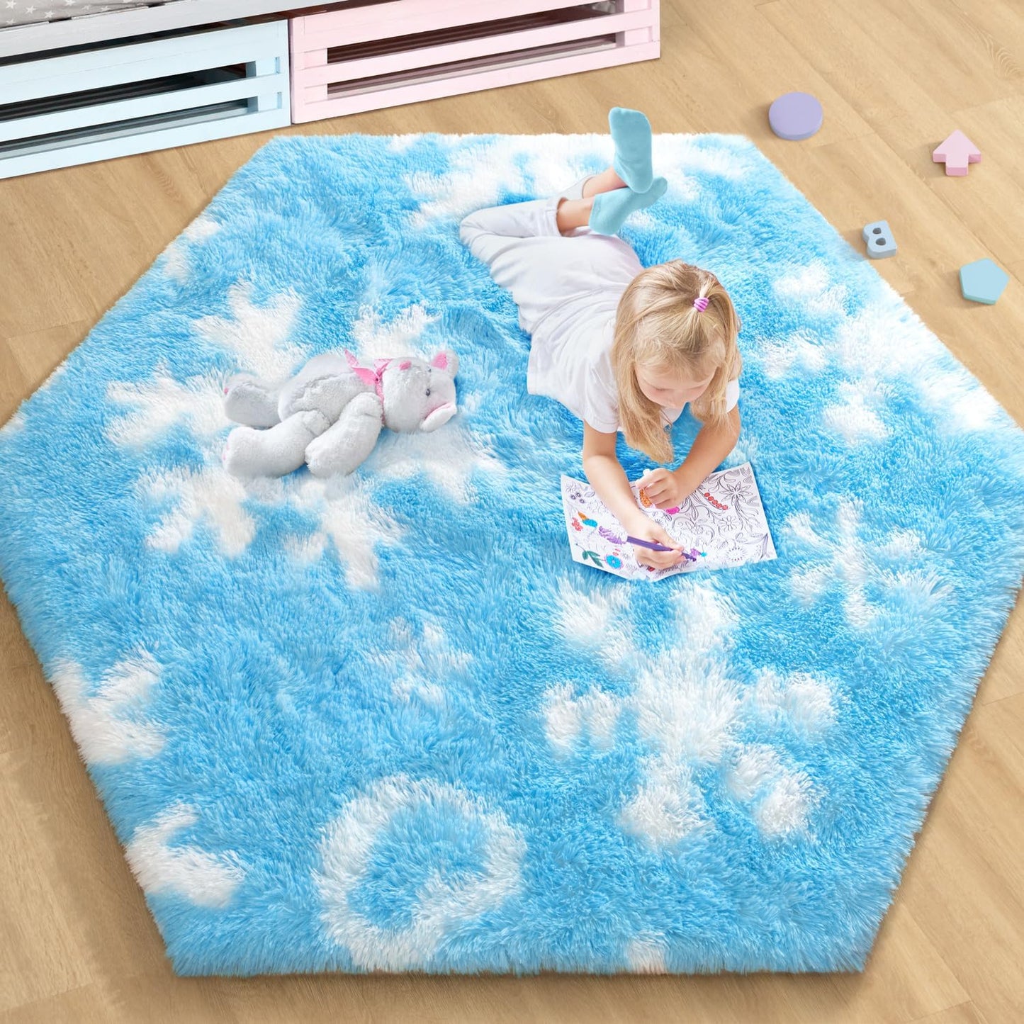 White Hexagon Area Rug for Princess Tent, 4X4.6 Feet, Fluffy, Soft, Non-Slip, Comforts, Washable
