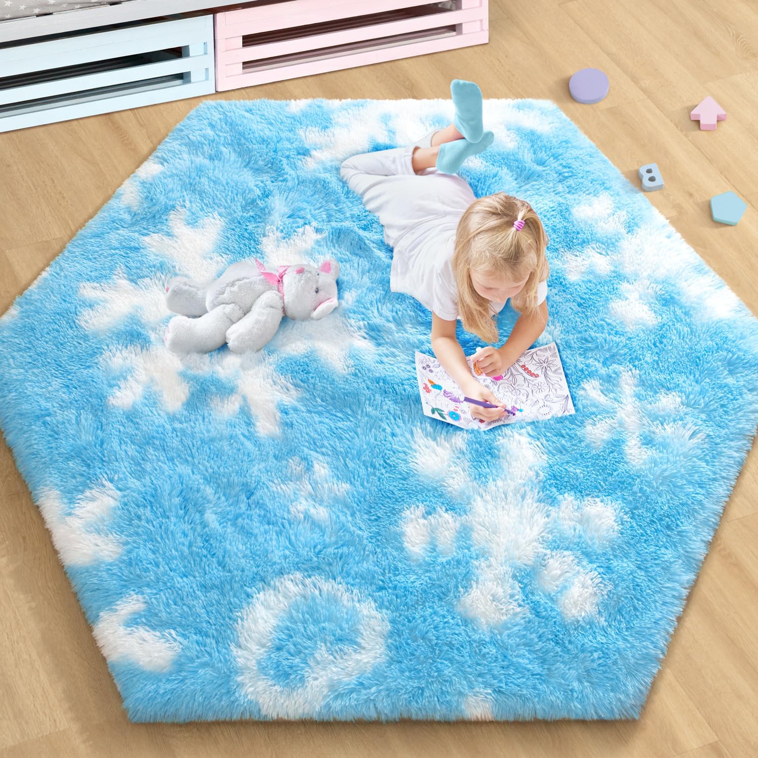 White Hexagon Area Rug for Princess Tent, 4X4.6 Feet, Fluffy, Soft, Non-Slip, Comforts, Washable