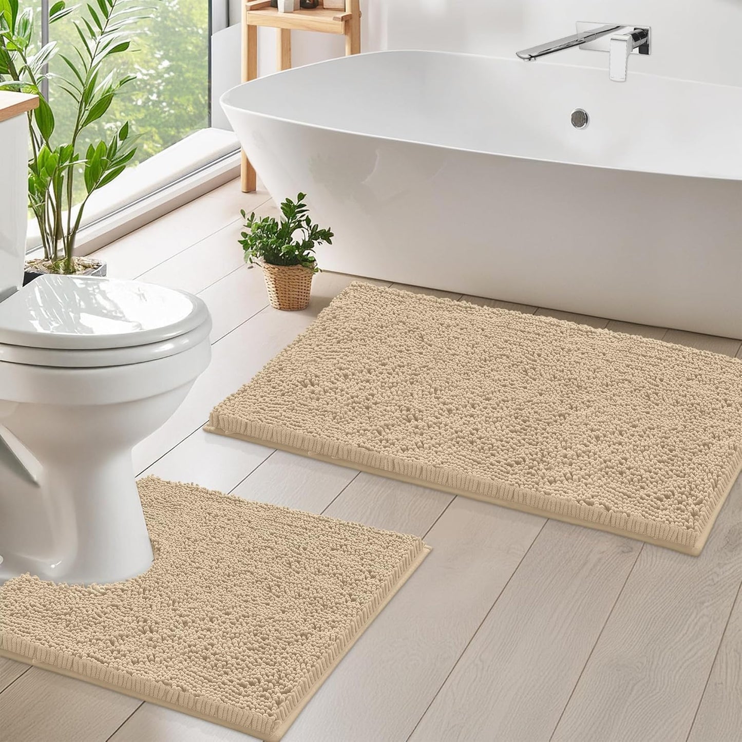 2 Piece Bathroom Rug Set - Premium Plush Bath Mat Shower Rugs, 1" Chenille Microfiber, Non-Slip & Absorbent, Soft & Cozy, Durable Stylish (20X30 & 16X24 Inches, Black)