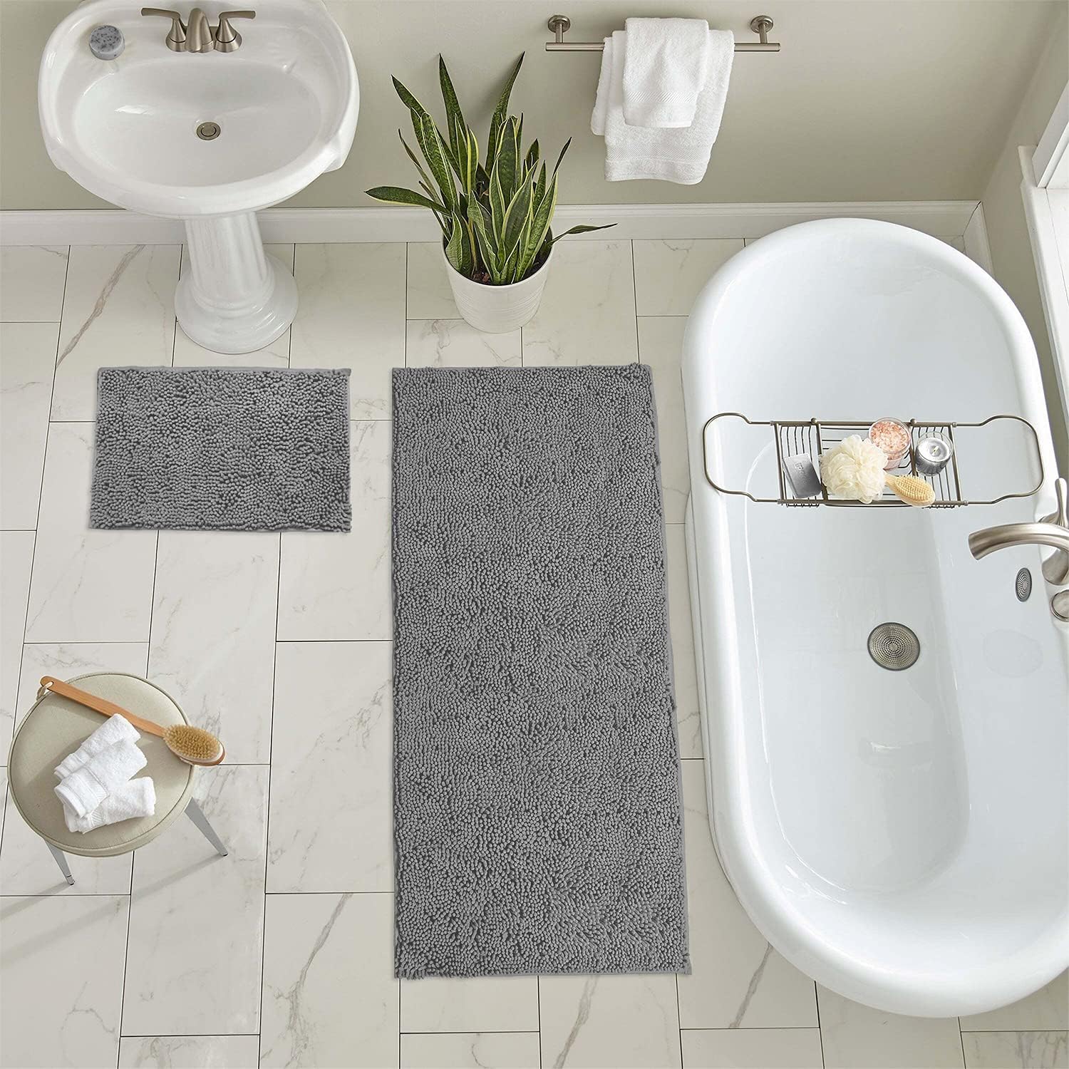 2 Piece Bathroom Rug Set - Premium Plush Bath Mat Shower Rugs, 1" Chenille Microfiber, Non-Slip & Absorbent, Soft & Cozy, Durable Stylish (20X30 & 16X24 Inches, Black)