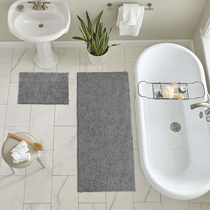 2 Piece Bathroom Rug Set - Premium Plush Bath Mat Shower Rugs, 1" Chenille Microfiber, Non-Slip & Absorbent, Soft & Cozy, Durable Stylish (20X30 & 16X24 Inches, Black)