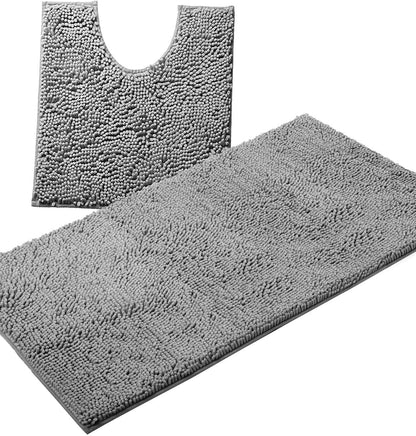 2 Piece Bathroom Rug Set - Premium Plush Bath Mat Shower Rugs, 1" Chenille Microfiber, Non-Slip & Absorbent, Soft & Cozy, Durable Stylish (20X30 & 16X24 Inches, Black)