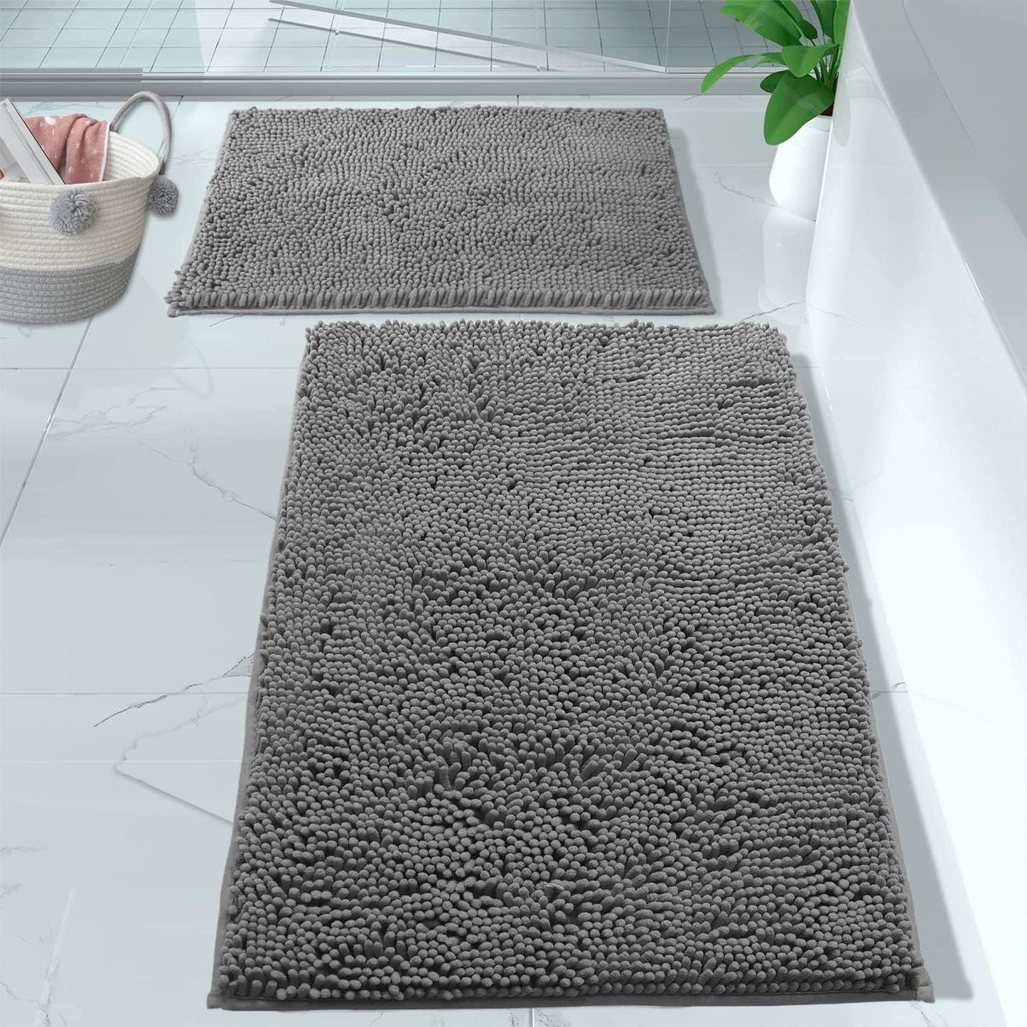 2 Piece Bathroom Rug Set - Premium Plush Bath Mat Shower Rugs, 1" Chenille Microfiber, Non-Slip & Absorbent, Soft & Cozy, Durable Stylish (20X30 & 16X24 Inches, Black)