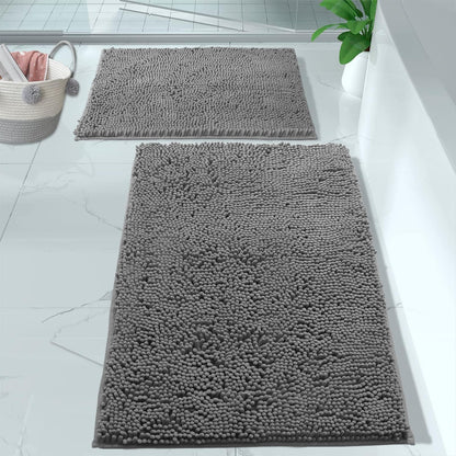 2 Piece Bathroom Rug Set - Premium Plush Bath Mat Shower Rugs, 1" Chenille Microfiber, Non-Slip & Absorbent, Soft & Cozy, Durable Stylish (20X30 & 16X24 Inches, Black)