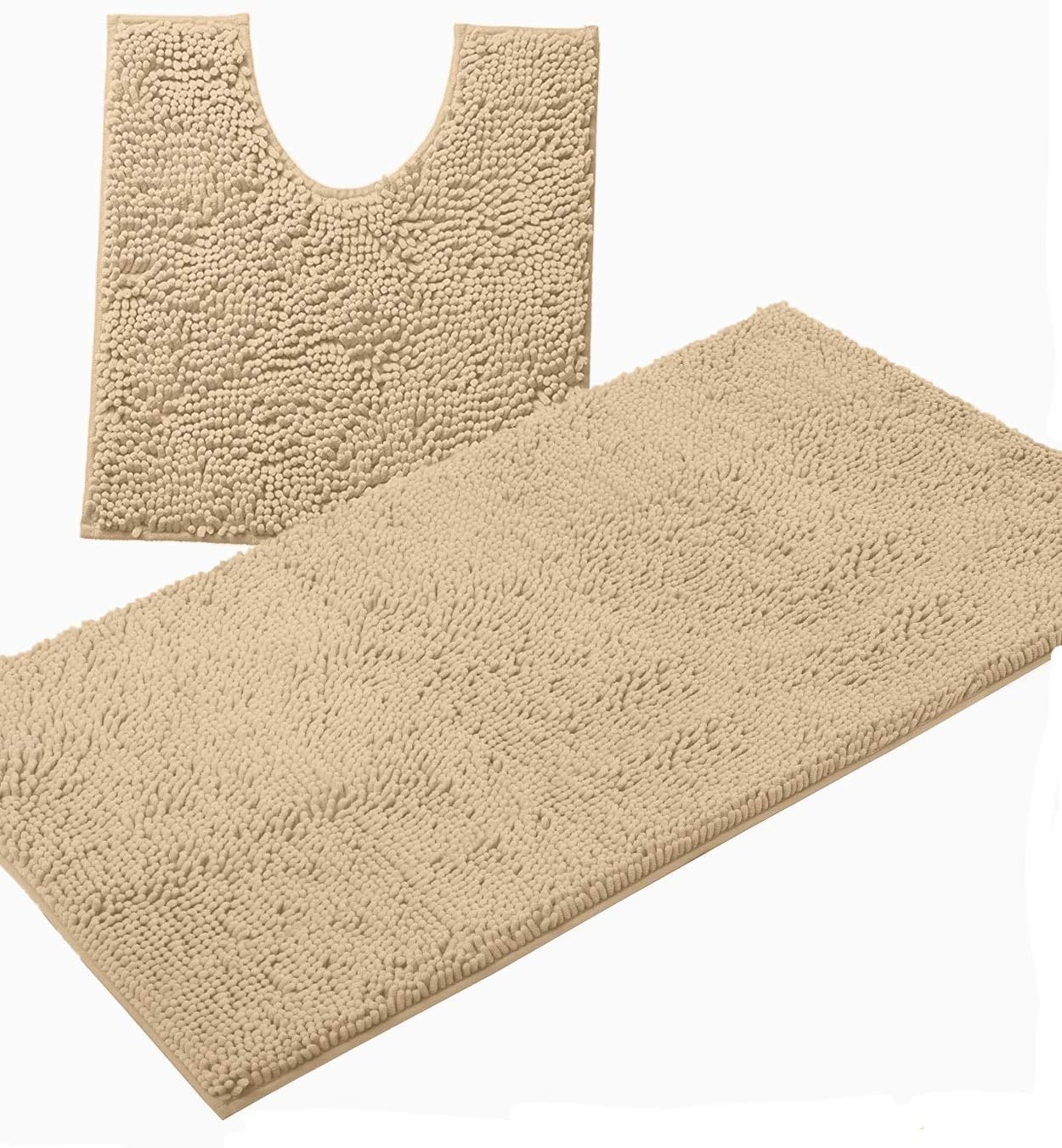 2 Piece Bathroom Rug Set - Premium Plush Bath Mat Shower Rugs, 1" Chenille Microfiber, Non-Slip & Absorbent, Soft & Cozy, Durable Stylish (20X30 & 16X24 Inches, Black)