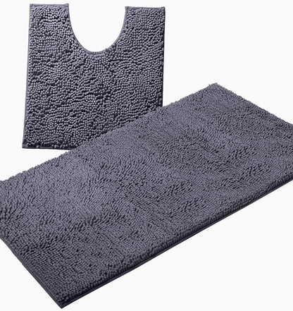 2 Piece Bathroom Rug Set - Premium Plush Bath Mat Shower Rugs, 1" Chenille Microfiber, Non-Slip & Absorbent, Soft & Cozy, Durable Stylish (20X30 & 16X24 Inches, Black)