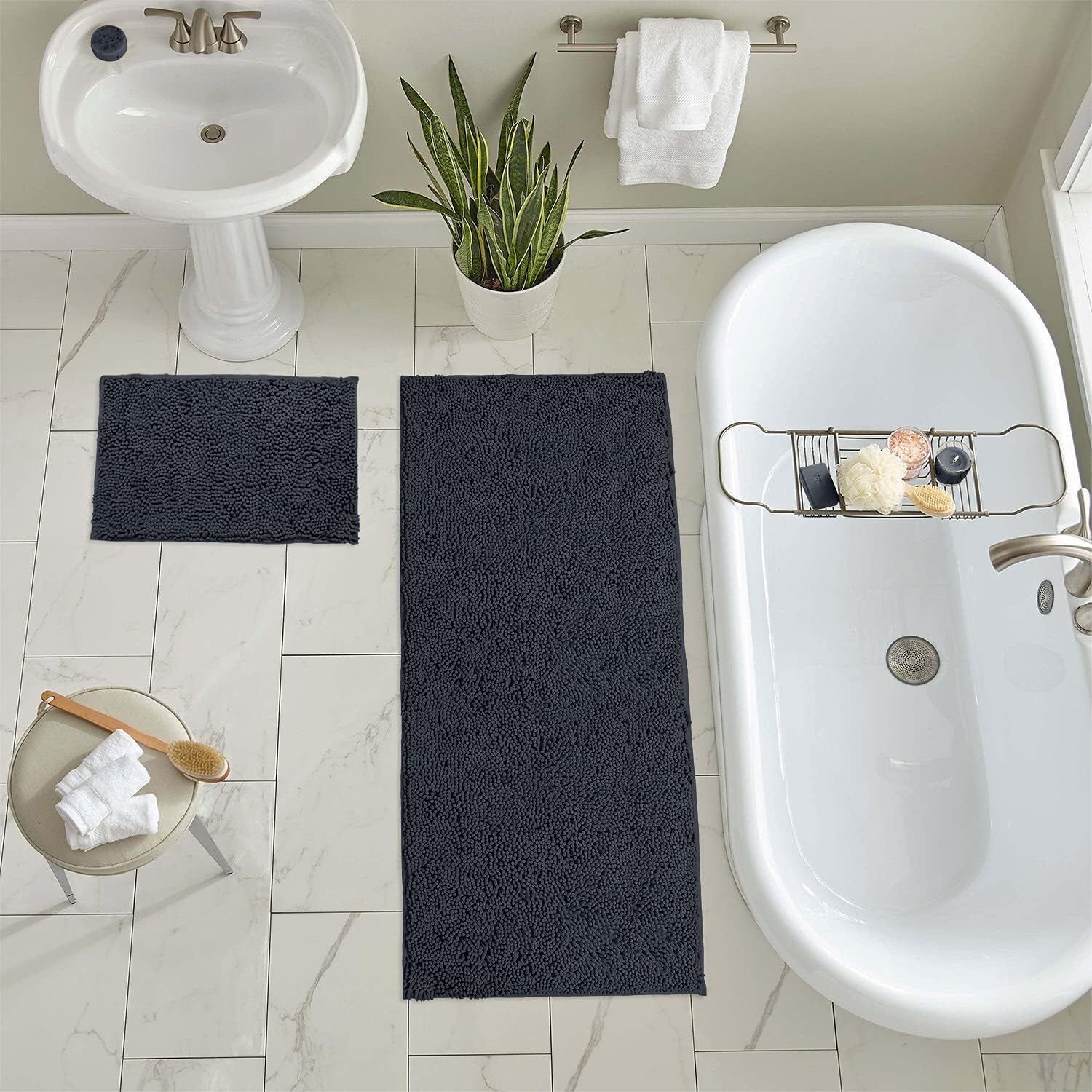 2 Piece Bathroom Rug Set - Premium Plush Bath Mat Shower Rugs, 1" Chenille Microfiber, Non-Slip & Absorbent, Soft & Cozy, Durable Stylish (20X30 & 16X24 Inches, Black)