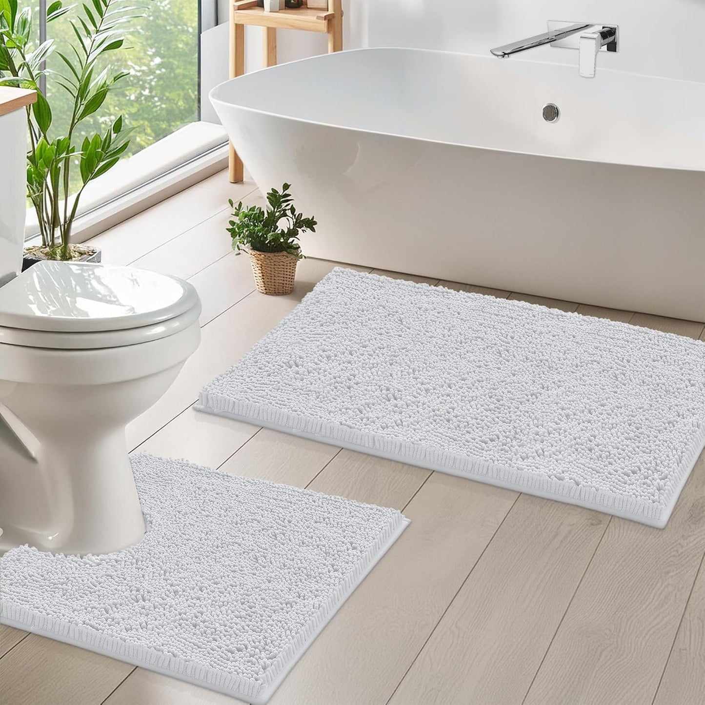 2 Piece Bathroom Rug Set - Premium Plush Bath Mat Shower Rugs, 1" Chenille Microfiber, Non-Slip & Absorbent, Soft & Cozy, Durable Stylish (20X30 & 16X24 Inches, Black)