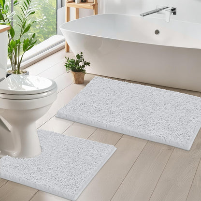 2 Piece Bathroom Rug Set - Premium Plush Bath Mat Shower Rugs, 1" Chenille Microfiber, Non-Slip & Absorbent, Soft & Cozy, Durable Stylish (20X30 & 16X24 Inches, Black)