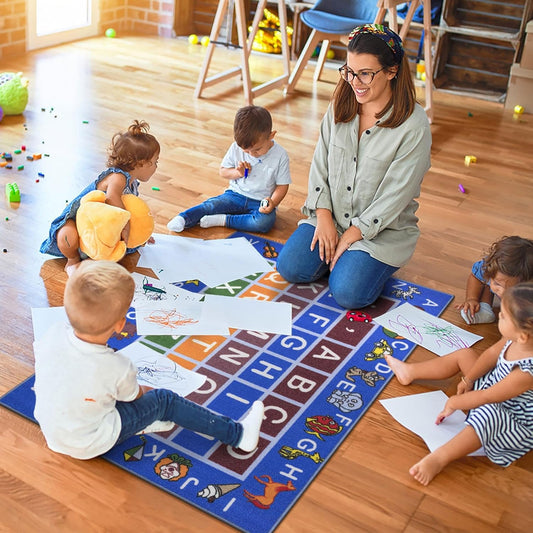 3'3" X 5' Alphabet Kids Rug - Educational ABC Play Mat for Playroom, Bedroom, Daycare & Classroom - Fun & Interactive Learning Carpet - Durable & Non-Slip for High-Traffic Areas, Blue