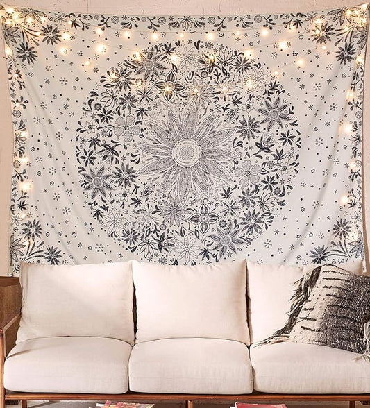 Beige White Floral Tapestry with Dotted Daisy Medallion Print