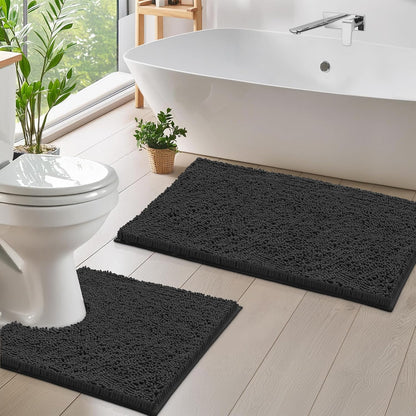 2 Piece Bathroom Rug Set - Premium Plush Bath Mat Shower Rugs, 1" Chenille Microfiber, Non-Slip & Absorbent, Soft & Cozy, Durable Stylish (20X30 & 16X24 Inches, Black)