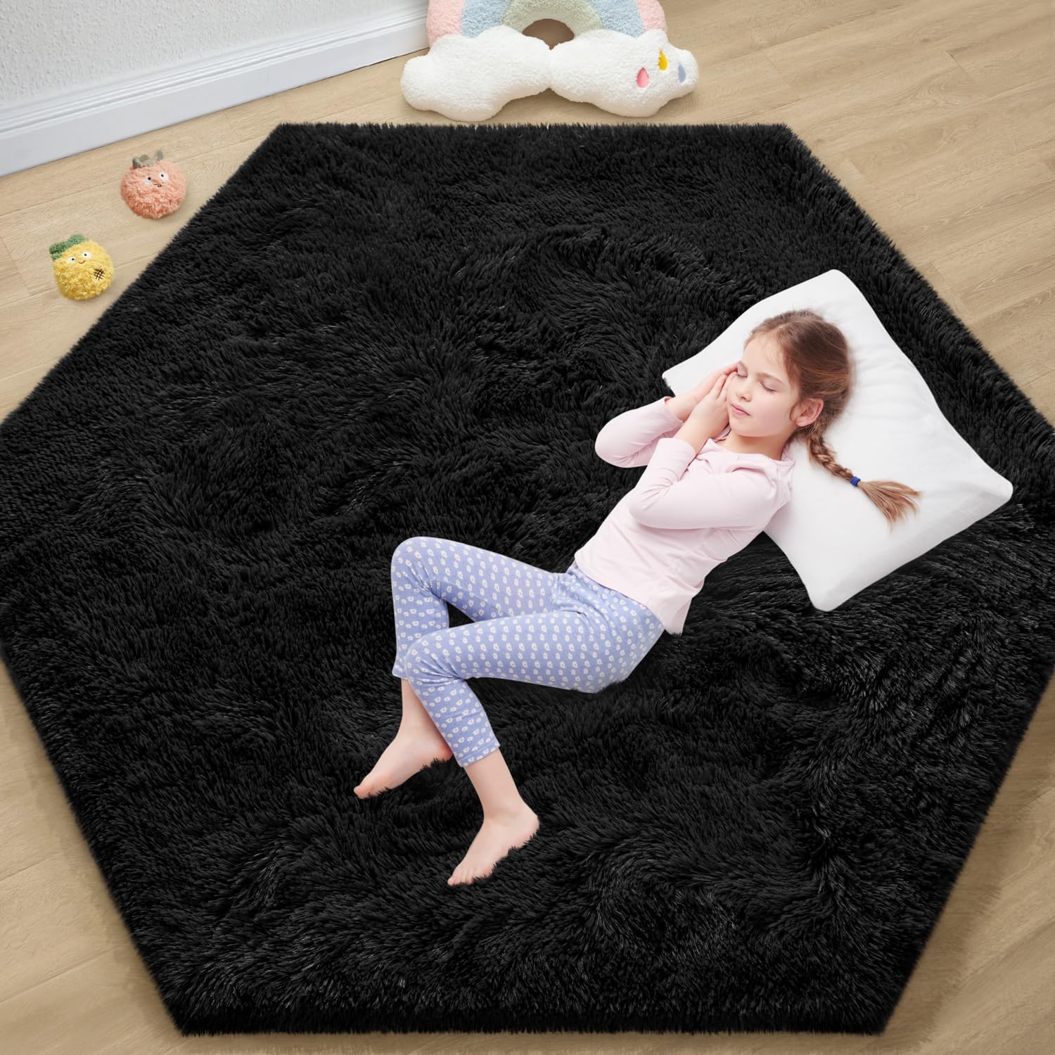 White Hexagon Area Rug for Princess Tent, 4X4.6 Feet, Fluffy, Soft, Non-Slip, Comforts, Washable