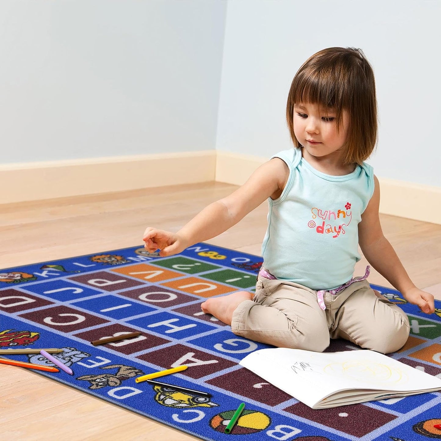 3'3" X 5' Alphabet Kids Rug - Educational ABC Play Mat for Playroom, Bedroom, Daycare & Classroom - Fun & Interactive Learning Carpet - Durable & Non-Slip for High-Traffic Areas, Blue