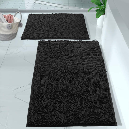 2 Piece Bathroom Rug Set - Premium Plush Bath Mat Shower Rugs, 1" Chenille Microfiber, Non-Slip & Absorbent, Soft & Cozy, Durable Stylish (20X30 & 16X24 Inches, Black)