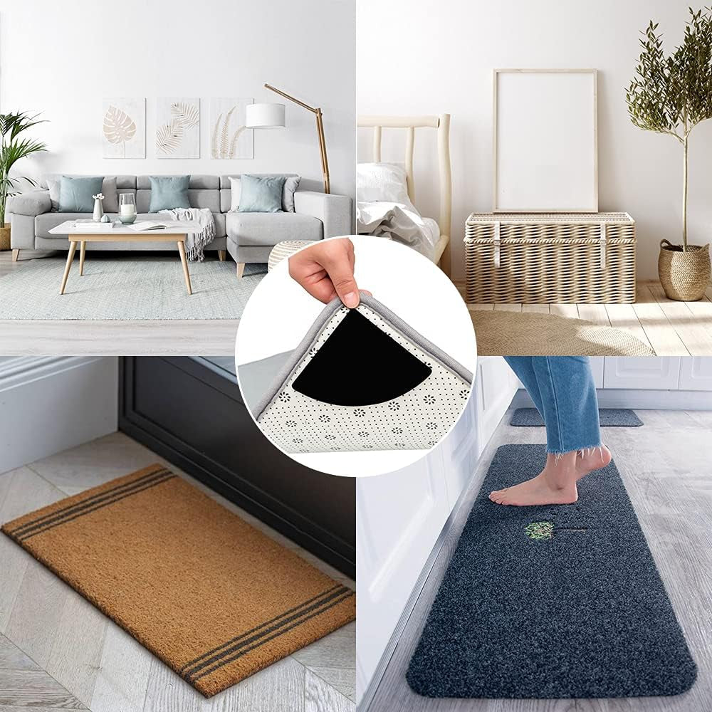 4 Pcs Double Sided anti Curling Reusable Rug Pad,Washable Non Slip Adhesive round Rug Tape for Hardwood Floors, Tile, Keep Your round Rug in Place & Make Corner Flat(Black)