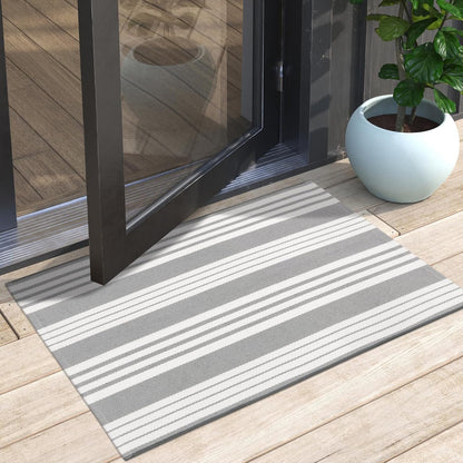 Front Door Mat Outdoor 24"X35" Front Door Rug Gray and White Striped Outdoor Rugs Washable Entry Rug Indoor Door Mats Cotton Woven Small Area Rugs for Entrance/Porch/Kitchen/Entryway