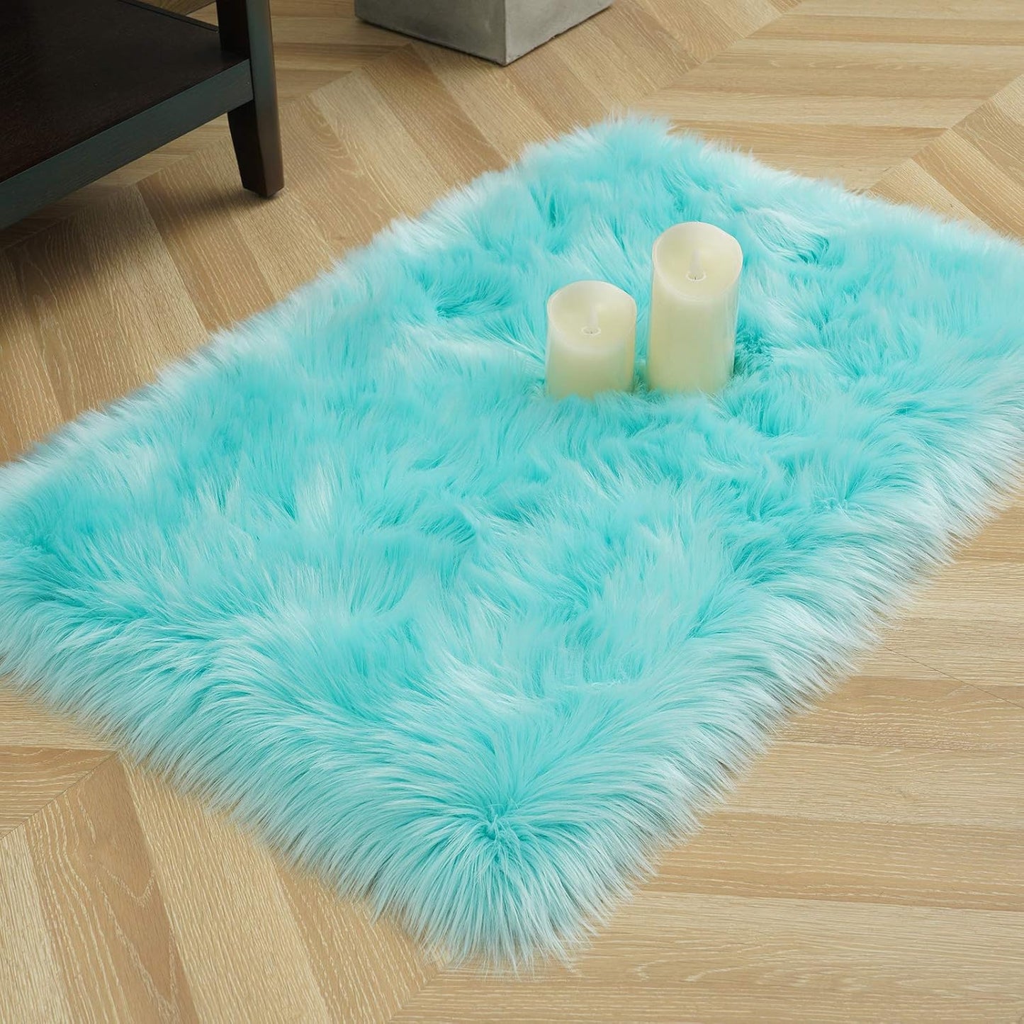 Soft Fluffy Faux Fur Rugs for Bedroom Bedside Rug 2X3 Feet, Washable, Furry Sheepskin Area Rug for Living Room Girls Room, Luxury Shag Carpet Home Decor, Blue