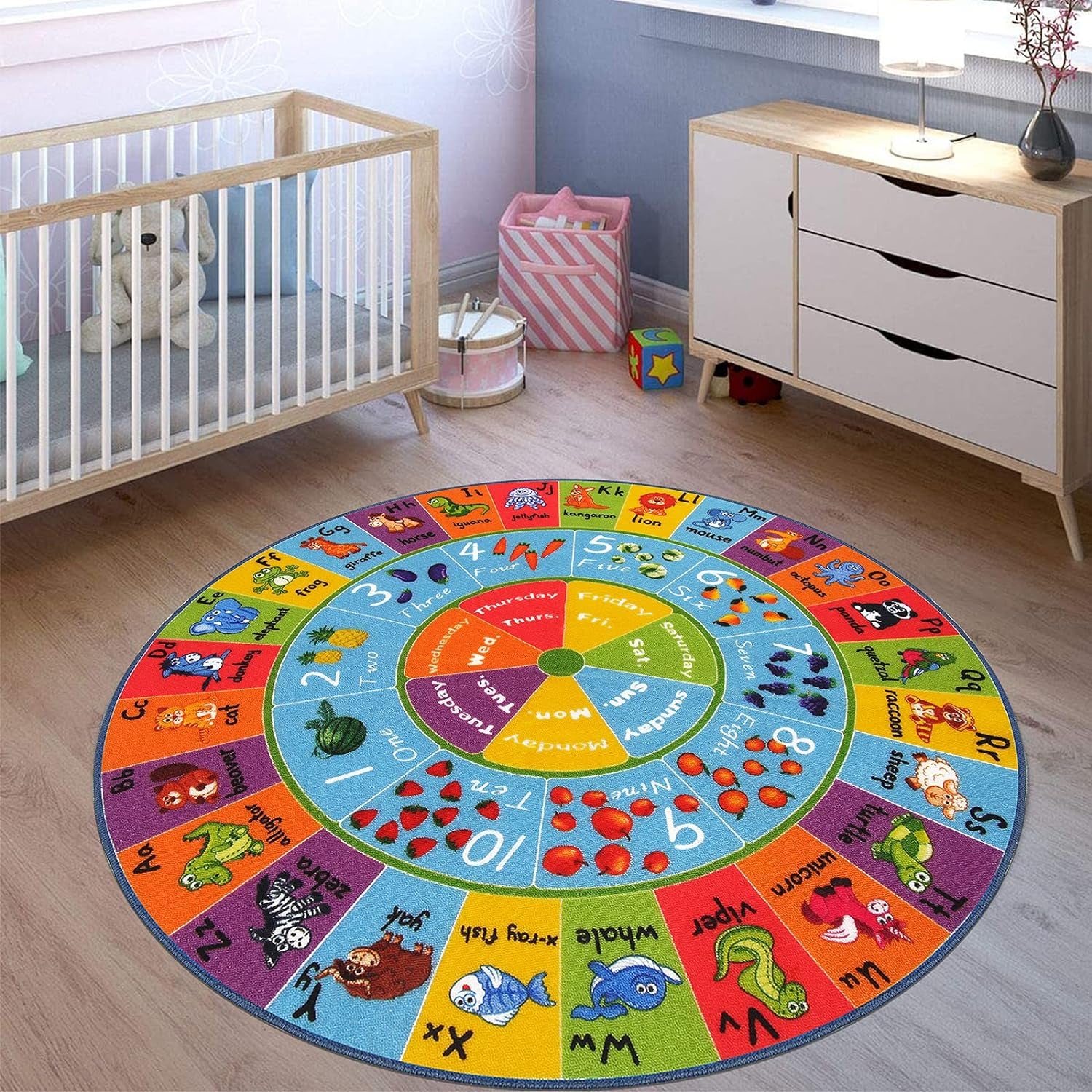 Kids Play Rug 4Ft ABC Alphabet Numbers Shapes Educational Kid Area Rug Washable Baby Crawling Mat Non Slip Kid Play Mat Carpet for Girl Boy Bedroom Playroom