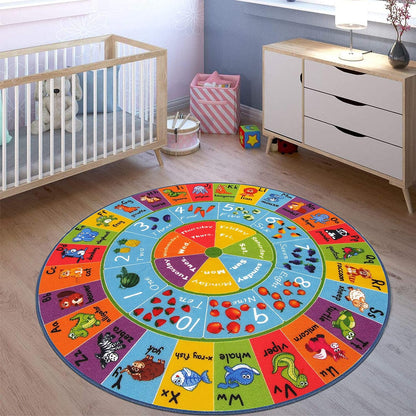 Kids Play Rug 4Ft ABC Alphabet Numbers Shapes Educational Kid Area Rug Washable Baby Crawling Mat Non Slip Kid Play Mat Carpet for Girl Boy Bedroom Playroom