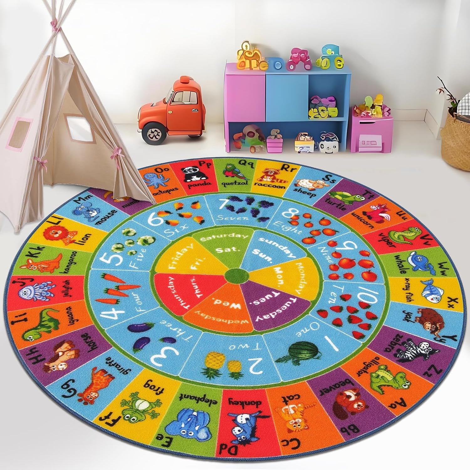 Kids Play Rug 4Ft ABC Alphabet Numbers Shapes Educational Kid Area Rug Washable Baby Crawling Mat Non Slip Kid Play Mat Carpet for Girl Boy Bedroom Playroom