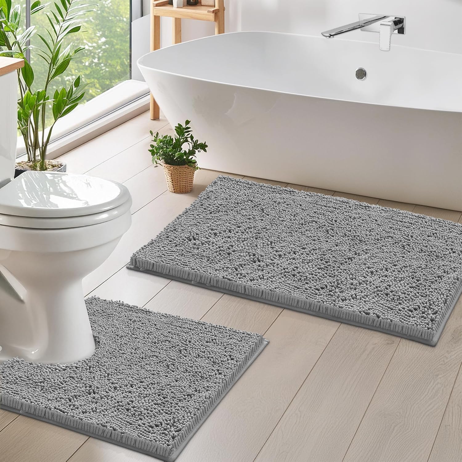 2 Piece Bathroom Rug Set - Premium Plush Bath Mat Shower Rugs, 1" Chenille Microfiber, Non-Slip & Absorbent, Soft & Cozy, Durable Stylish (20X30 & 16X24 Inches, Black)