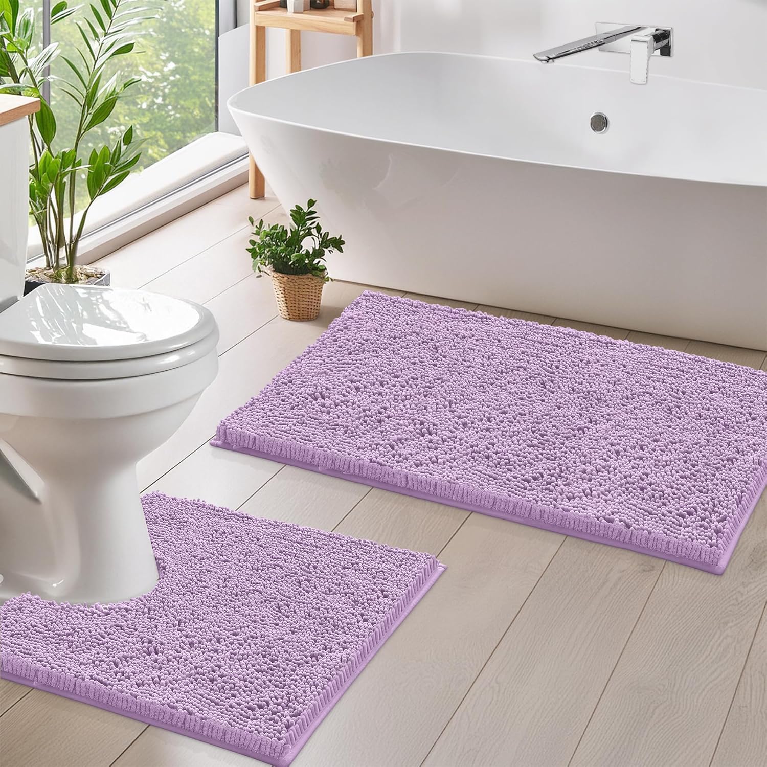 2 Piece Bathroom Rug Set - Premium Plush Bath Mat Shower Rugs, 1" Chenille Microfiber, Non-Slip & Absorbent, Soft & Cozy, Durable Stylish (20X30 & 16X24 Inches, Black)