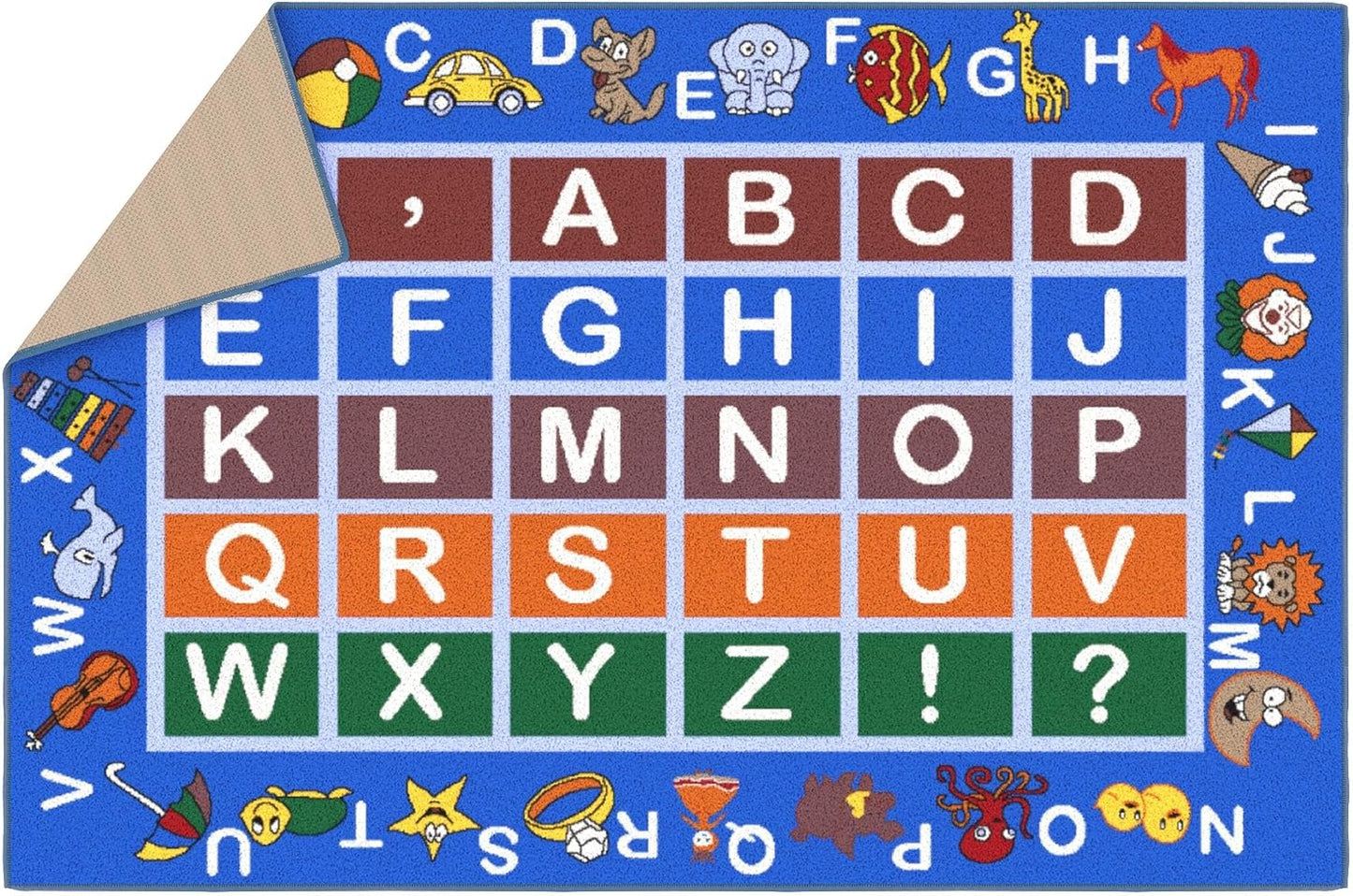 3'3" X 5' Alphabet Kids Rug - Educational ABC Play Mat for Playroom, Bedroom, Daycare & Classroom - Fun & Interactive Learning Carpet - Durable & Non-Slip for High-Traffic Areas, Blue