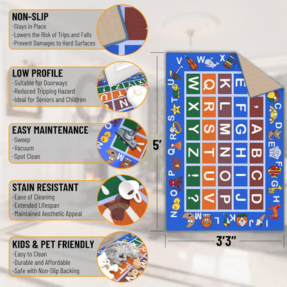 3'3" X 5' Alphabet Kids Rug - Educational ABC Play Mat for Playroom, Bedroom, Daycare & Classroom - Fun & Interactive Learning Carpet - Durable & Non-Slip for High-Traffic Areas, Blue