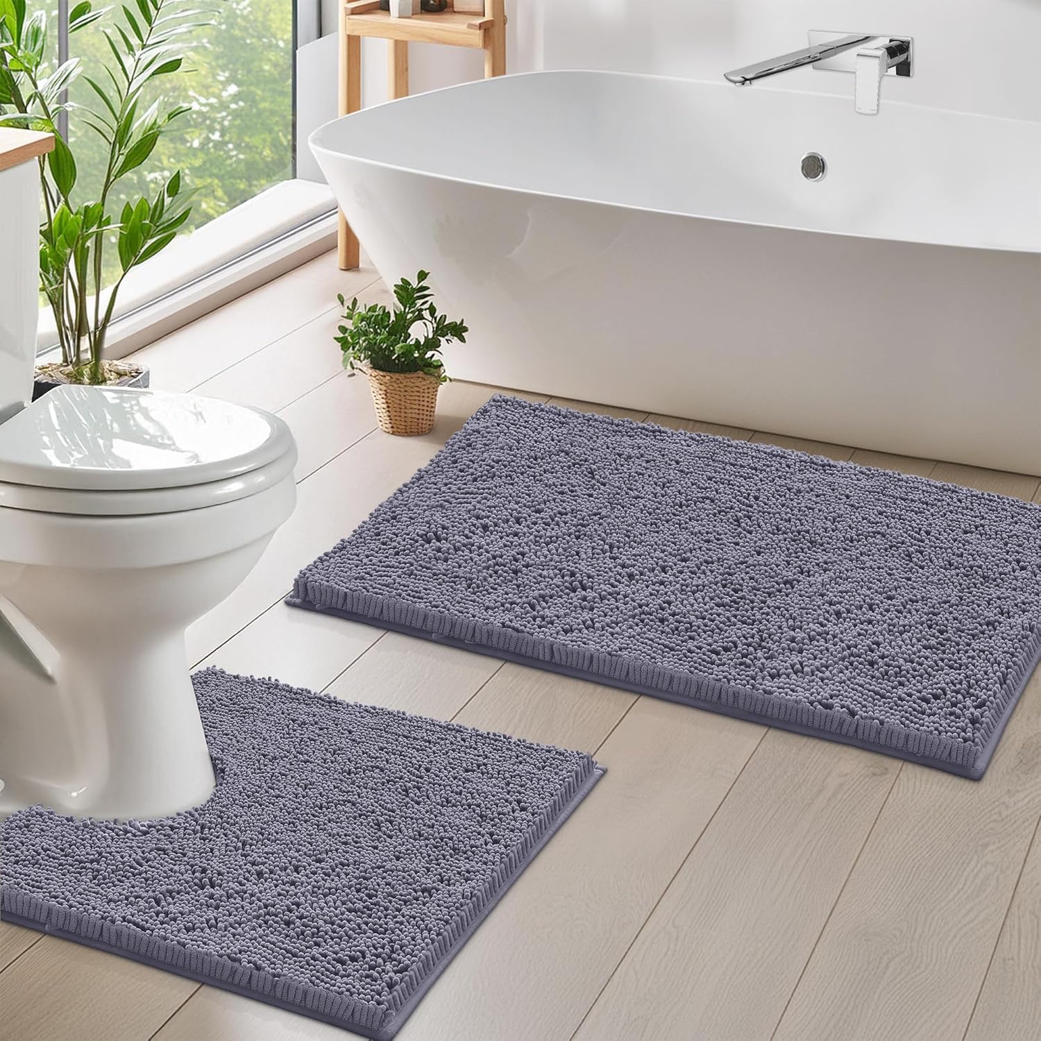 2 Piece Bathroom Rug Set - Premium Plush Bath Mat Shower Rugs, 1" Chenille Microfiber, Non-Slip & Absorbent, Soft & Cozy, Durable Stylish (20X30 & 16X24 Inches, Black)