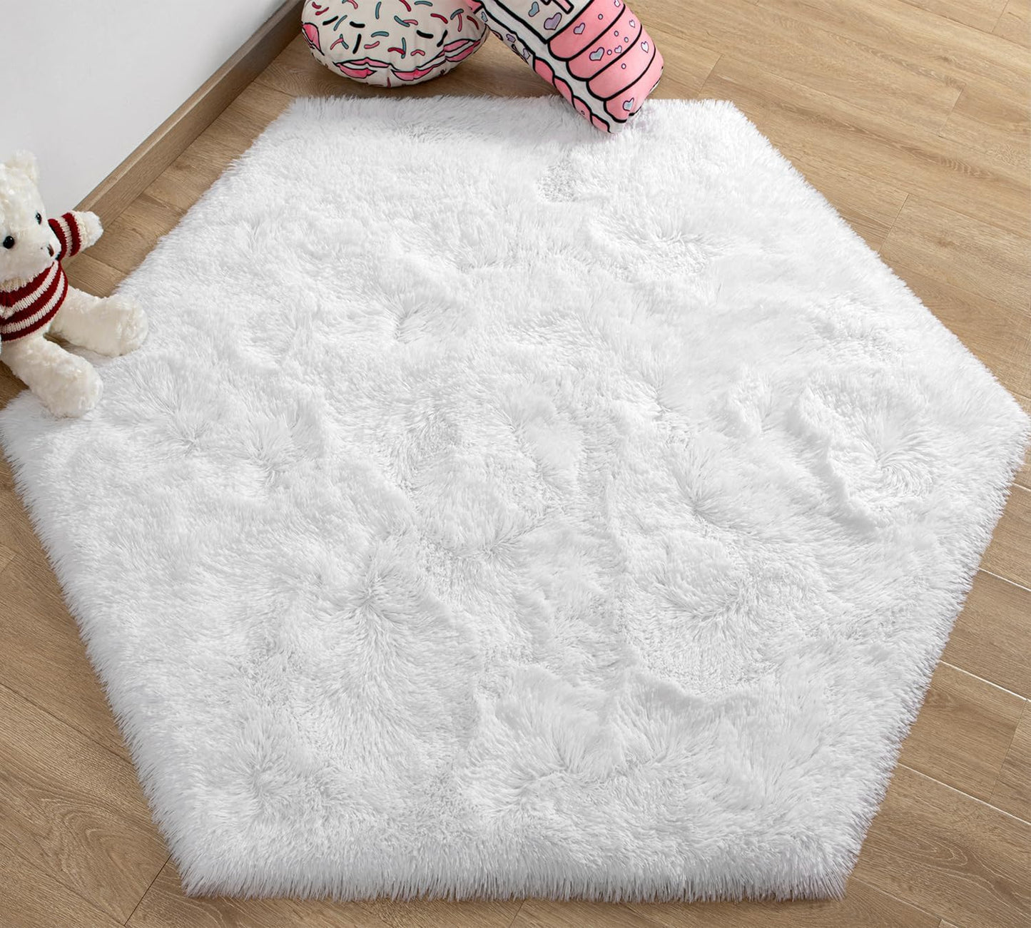 White Hexagon Area Rug for Princess Tent, 4X4.6 Feet, Fluffy, Soft, Non-Slip, Comforts, Washable