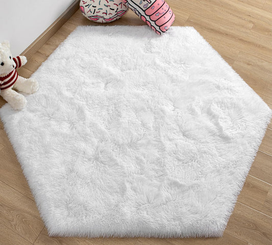 White Hexagon Area Rug for Princess Tent, 4X4.6 Feet, Fluffy, Soft, Non-Slip, Comforts, Washable