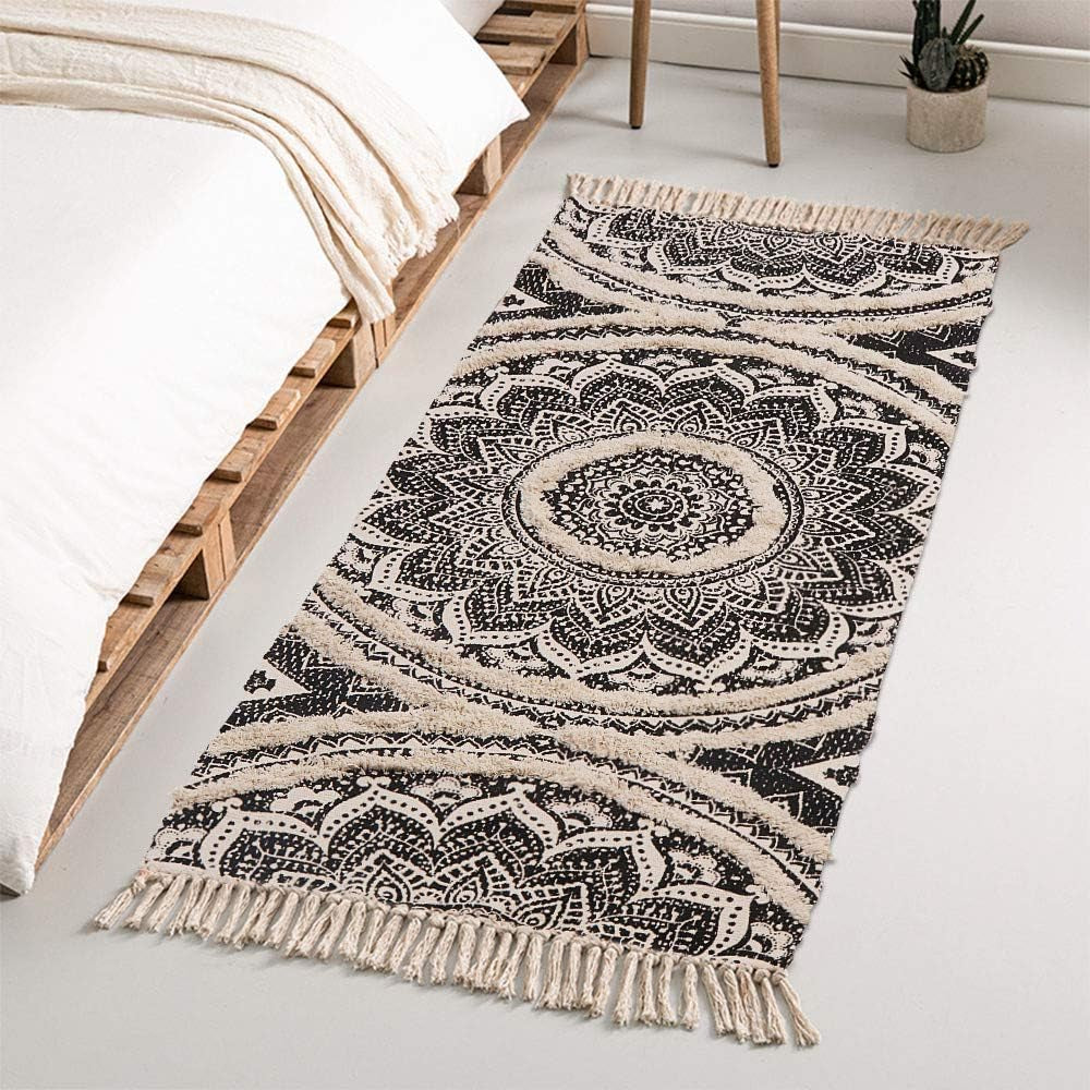 Tufted Cotton Runner Rug, 2.3X5.2 Black Mandala Boho Rugs for Bedroom, Hand Woven Bohemian Runner Throw Rugs, Shag Accent Fringe Tassel Rug for Bedside Kitchen Laundry Room Rug