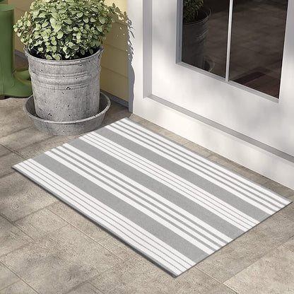 Front Door Mat Outdoor 24"X35" Front Door Rug Gray and White Striped Outdoor Rugs Washable Entry Rug Indoor Door Mats Cotton Woven Small Area Rugs for Entrance/Porch/Kitchen/Entryway