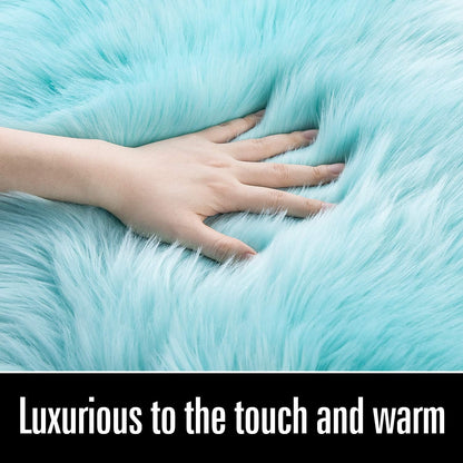 Soft Fluffy Faux Fur Rugs for Bedroom Bedside Rug 2X3 Feet, Washable, Furry Sheepskin Area Rug for Living Room Girls Room, Luxury Shag Carpet Home Decor, Blue