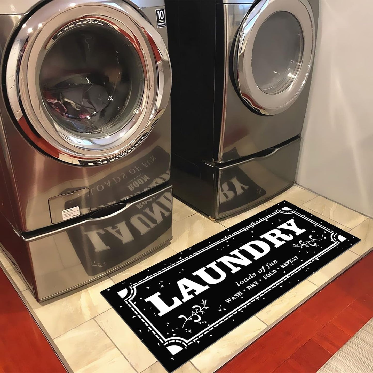 anti Fatigue Laundry Room Runner Rug, Non-Slip Black and White Laundry Room Mat Waterproof Washroom Floor Mat with Natural Rubber Backing, 48''X20''