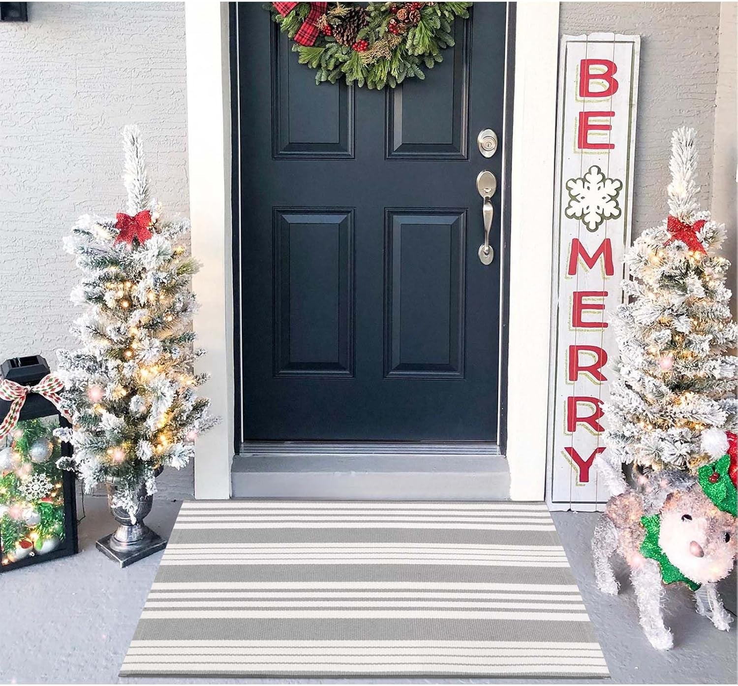 Front Door Mat Outdoor 24"X35" Front Door Rug Gray and White Striped Outdoor Rugs Washable Entry Rug Indoor Door Mats Cotton Woven Small Area Rugs for Entrance/Porch/Kitchen/Entryway