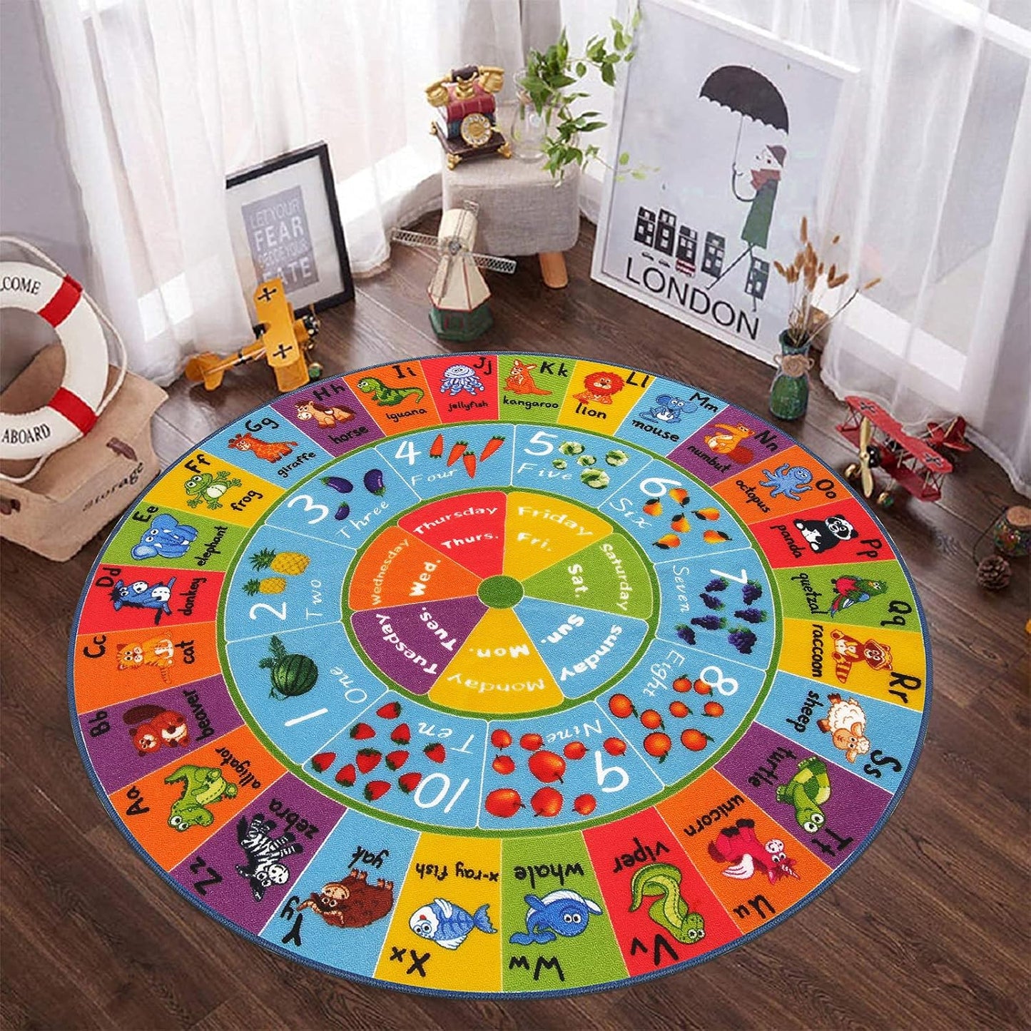 Kids Play Rug 4Ft ABC Alphabet Numbers Shapes Educational Kid Area Rug Washable Baby Crawling Mat Non Slip Kid Play Mat Carpet for Girl Boy Bedroom Playroom