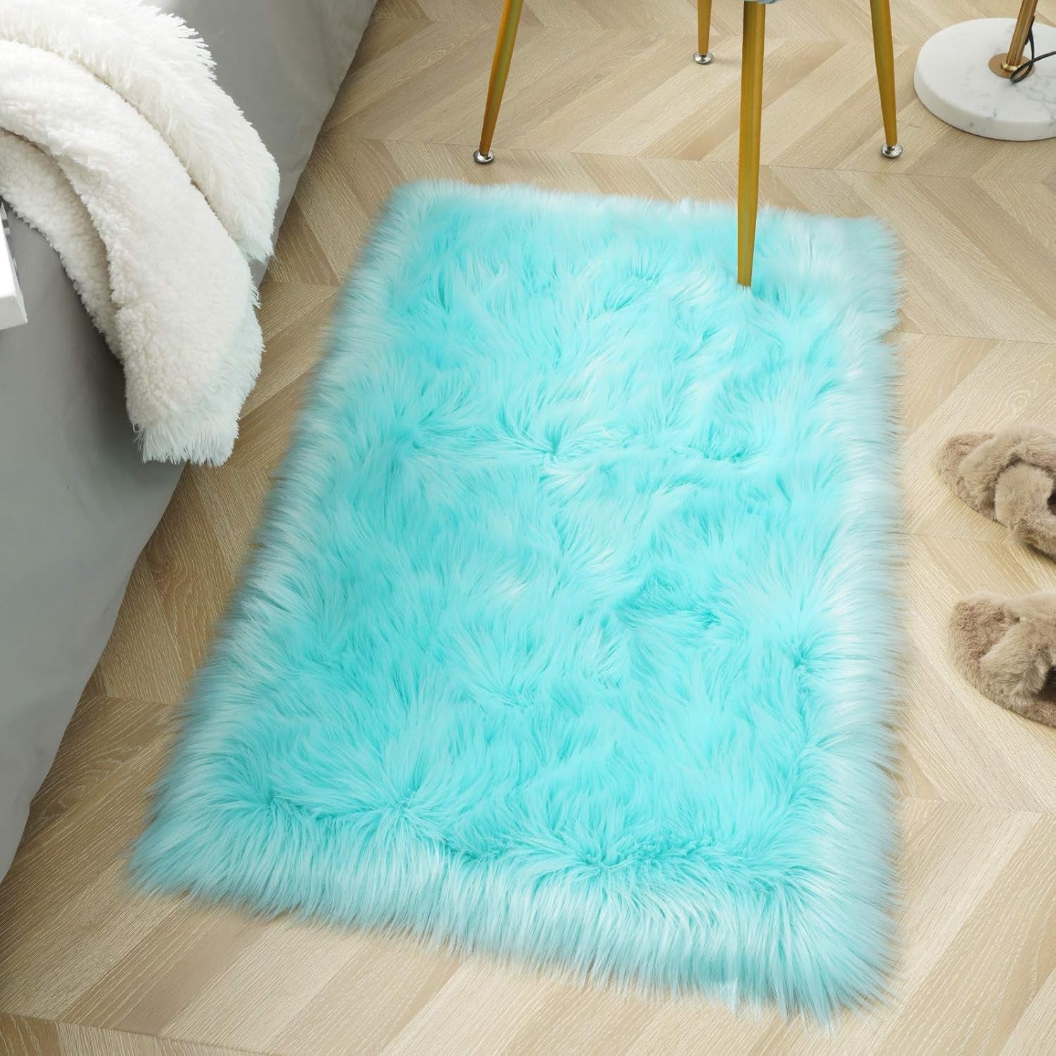 Soft Fluffy Faux Fur Rugs for Bedroom Bedside Rug 2X3 Feet, Washable, Furry Sheepskin Area Rug for Living Room Girls Room, Luxury Shag Carpet Home Decor, Blue
