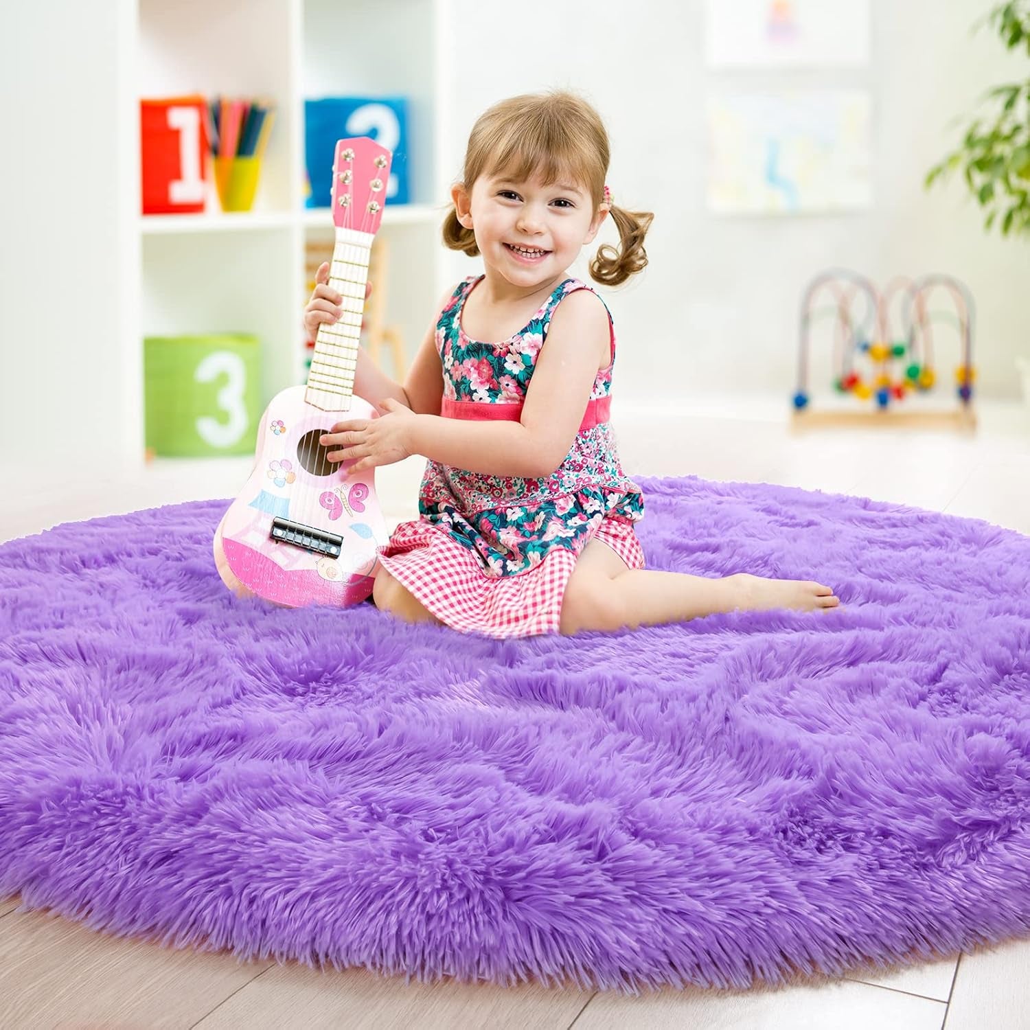 round Rug 4X4 Feet Fluffy Soft Area Rugs for Kids Girls Room Princess Castle Plush Shaggy Carpet Cute Circle Nursery Rug for Kids Girls Bedroom Baby Room Home Decor Circular Carpet, Purple