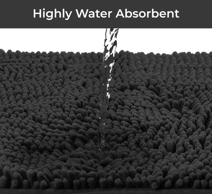 2 Piece Bathroom Rug Set - Premium Plush Bath Mat Shower Rugs, 1" Chenille Microfiber, Non-Slip & Absorbent, Soft & Cozy, Durable Stylish (20X30 & 16X24 Inches, Black)