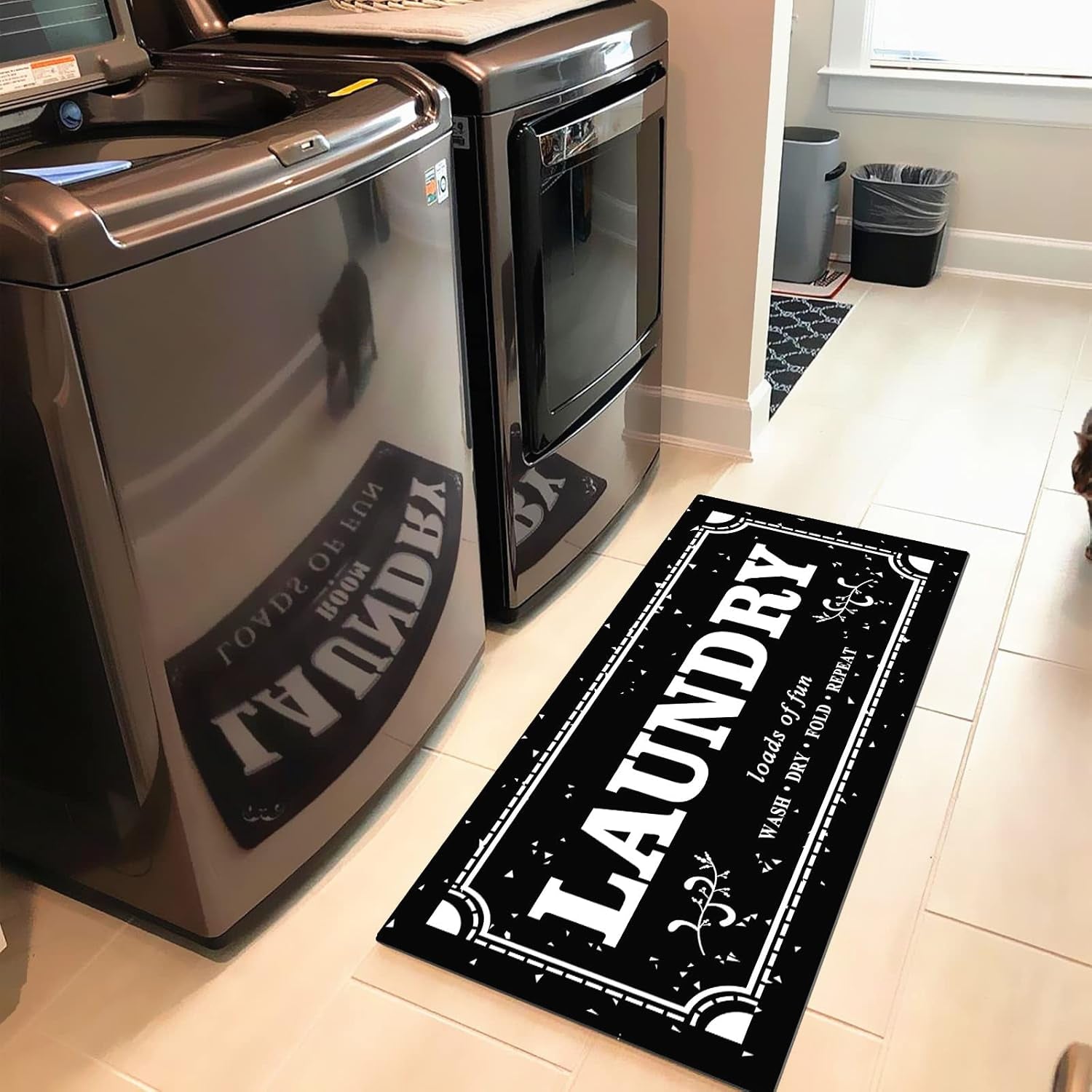 anti Fatigue Laundry Room Runner Rug, Non-Slip Black and White Laundry Room Mat Waterproof Washroom Floor Mat with Natural Rubber Backing, 48''X20''
