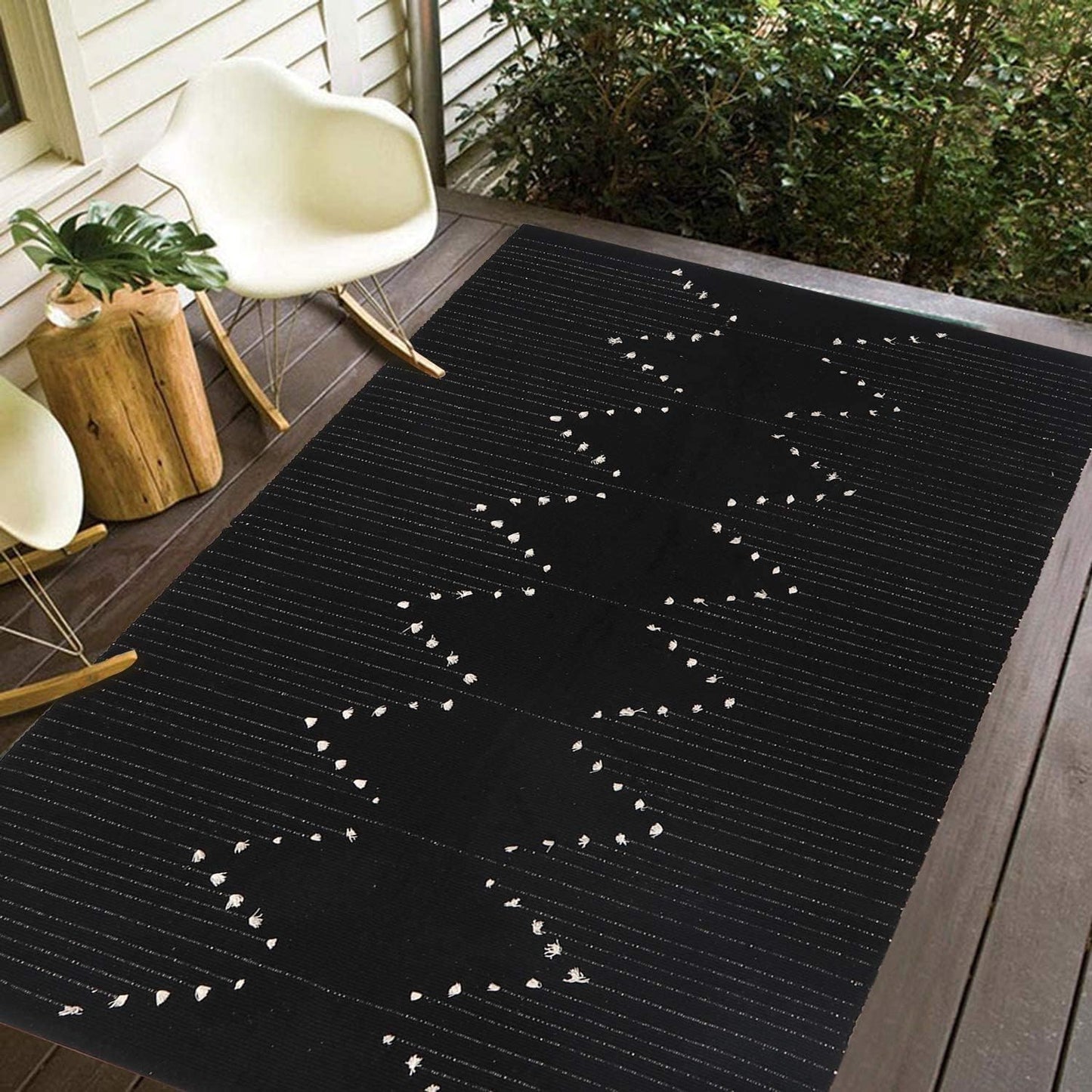 Black Boho Cotton Woven Rug Large 4'X6' Ft Modern Area Throw Rugs Carpet Kilim for Living Room Bedroom Floor Porch Farmhouse Flatweave Fring Moroccan Rug