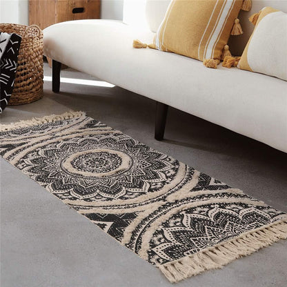 Tufted Cotton Runner Rug, 2.3X5.2 Black Mandala Boho Rugs for Bedroom, Hand Woven Bohemian Runner Throw Rugs, Shag Accent Fringe Tassel Rug for Bedside Kitchen Laundry Room Rug