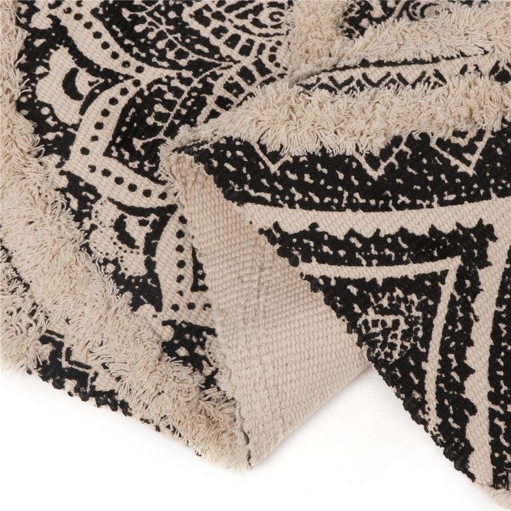 Tufted Cotton Runner Rug, 2.3X5.2 Black Mandala Boho Rugs for Bedroom, Hand Woven Bohemian Runner Throw Rugs, Shag Accent Fringe Tassel Rug for Bedside Kitchen Laundry Room Rug
