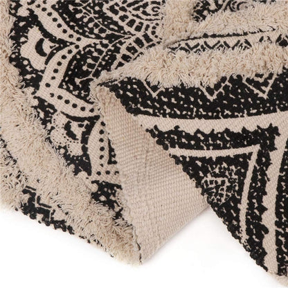 Tufted Cotton Runner Rug, 2.3X5.2 Black Mandala Boho Rugs for Bedroom, Hand Woven Bohemian Runner Throw Rugs, Shag Accent Fringe Tassel Rug for Bedside Kitchen Laundry Room Rug